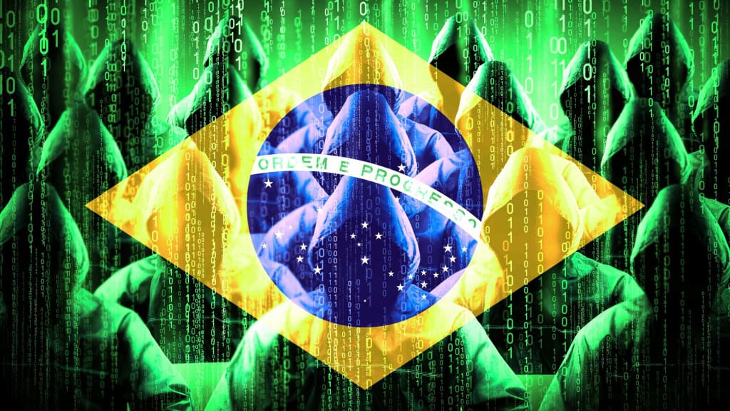 Ilustração de bandeira do Brasil sobrepondo grupo de hackers encapuzados