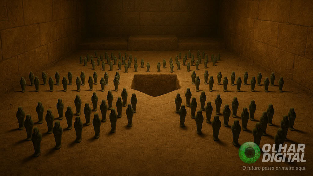 Ilustração de estatuetas organizadas em formato de estrela em tumba de faraó no Egito