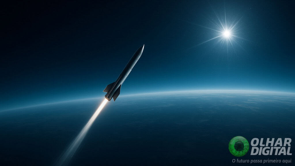 Ilustração de míssil balístico no espaço prestes a ser interceptado pelo sistema Arrow 3 da Alemanha