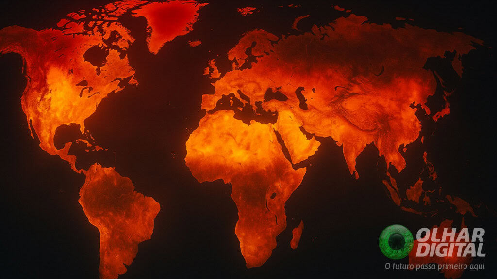 2025 no pódio do calor: mundo entra em sequência inédita de extremos climáticos O novo boletim da Copernicus, programa europeu de monitoramento climático, traz um alerta: 2025 deve terminar como o segundo ou terceiro ano mais quente da história. A previsão é que o ano mantenha a sequência inédita de recordes climáticos que marca a última década. Ilustração do mapa do mundo com continentes vermelhos para ilustrar aquecimento global e mudanças climáticas