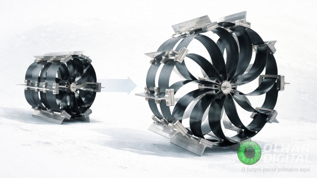 Ilustração de mudança de tamanho de nova roda pra rovers andarem na Lua