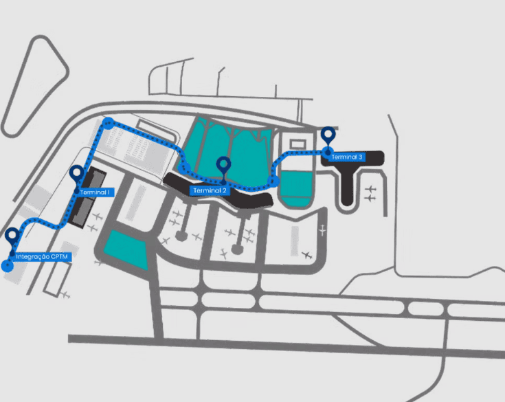 Aeromóvel de Guarulhos avança em testes, mas segue sem previsão de abertura O aeromóvel que ligará a Estação Aeroporto-Guarulhos da CPTM aos terminais do Aeroporto Internacional de São Paulo permanece em fase de testes e ainda não tem data para começar a operar para o público geral. O sistema, que utiliza tecnologia de propulsão pneumática, teve sua operação iniciada no dia 4 de dezembro, mas por enquanto está restrito a funcionários e convidados. As informações são do G1. Mapa do trajeto do aeromóvel