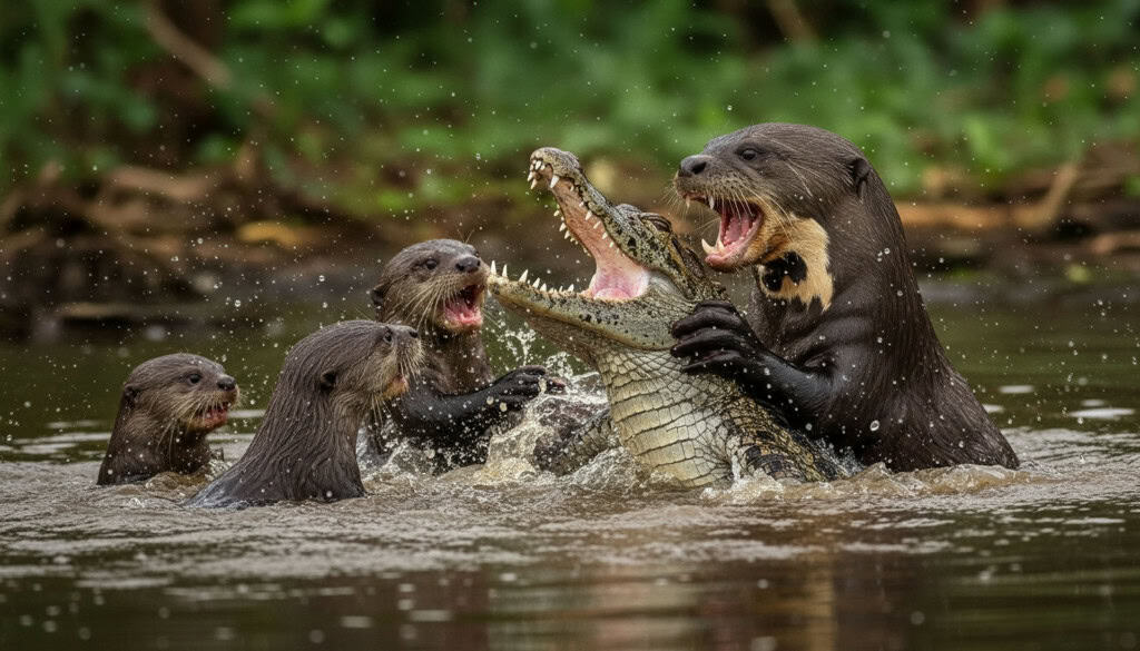 Imagem criada por IA  fotorrealista de um grupo de ariranhas atacando um jacaré em águas rasas de um rio brasileiro. Duas ariranhas aparecem em primeiro plano com os dentes à mostra, mordendo a lateral e a cauda do réptil, enquanto o jacaré tenta se desvencilhar em meio a salpicos intensos de água