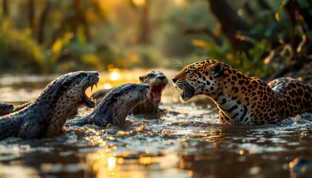 Conheça a ariranha, o terror das onças e jacarés brasileiros A ariranha, assim como a onça e o jacaré, é um dos animais protagonistas dos ecossistemas aquáticos do Brasil, mas é o comportamento destemido desse mamífero semiaquático que desafia a lógica da cadeia alimentar. No Pantanal e na Amazônia, ela não é apenas uma moradora dos rios, mas uma força da natureza que impõe respeito aos predadores mais temidos do continente. Imagem criada por IA fotorrealista de uma onça-pintada na margem lamacenta de um rio pantaneiro, encarando um grupo de ariranhas que emergem da água em posição defensiva