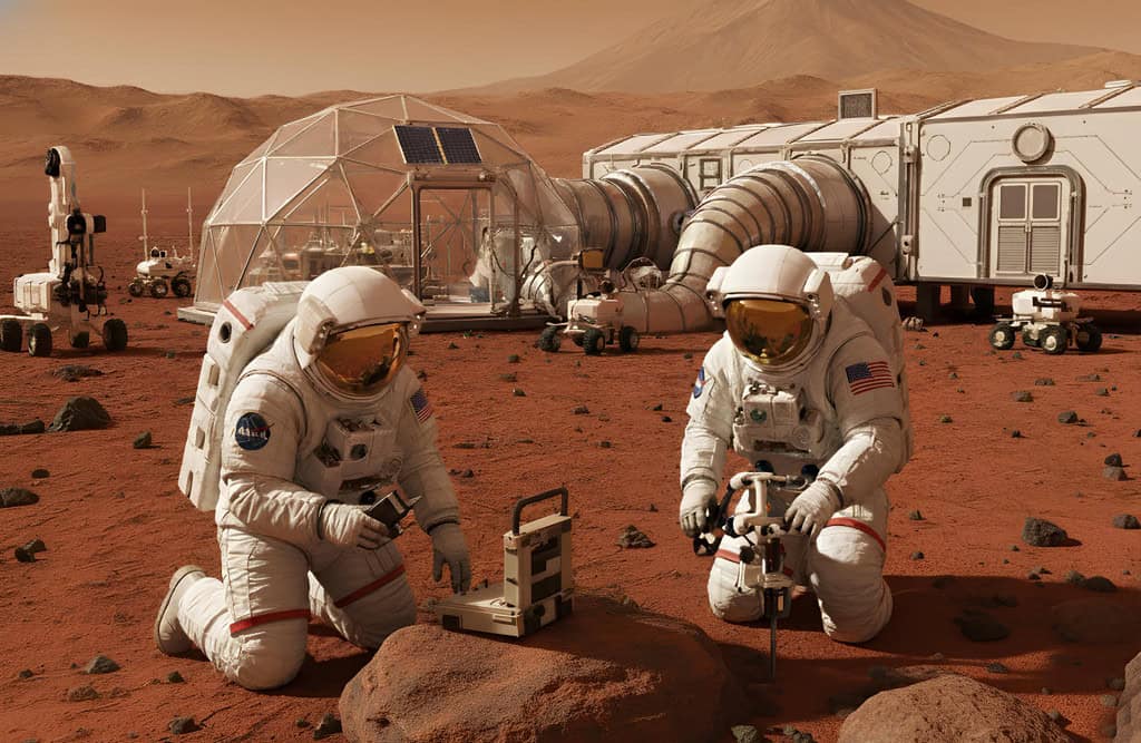 Representação artística de dois astronautas e uma barraca espacial no solo de Marte