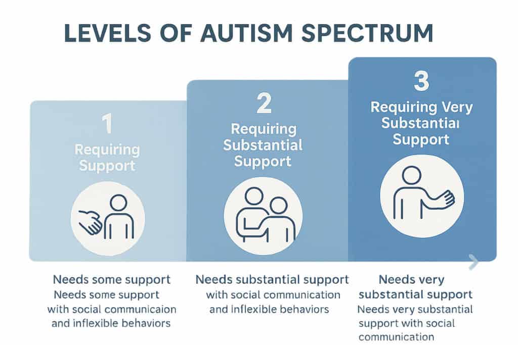 Infográfico educacional em tons de azul mostrando os três níveis de autismo no espectro. Painel 1: "Exigindo Apoio", com ícone de duas figuras, uma oferecendo a mão à outra. Painel 2: "Exigindo Apoio Substancial", com ícone de duas figuras abraçadas. Painel 3: "Exigindo Apoio Muito Substancial", com ícone de figura com as mãos abertas pedindo apoio. Cada painel inclui descrição dos desafios em comunicação social e comportamentos inflexíveis para explicar que não é doença e sim um transtorno psicológico