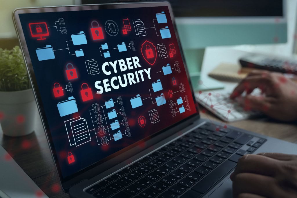 Uma simulação de consciência de cibersegurança conceito de proteção de dados tela do laptop exibe ilustração digital de cibersegurança com cadeados, pastas