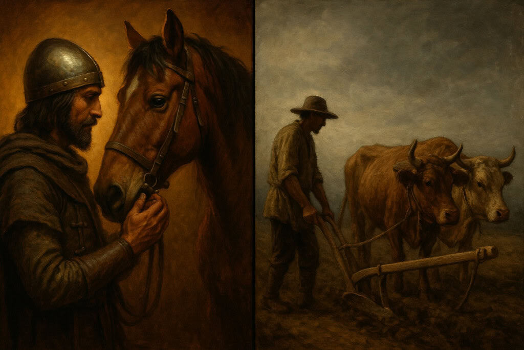 Composição dividida mostrando dois modelos de domesticação: à esquerda, guerreiro em conexão íntima com cavalo, olhares se encontrando em confiança mútua; à direita, fazendeiro com bois puxando arado em relação puramente funcional e laboral
