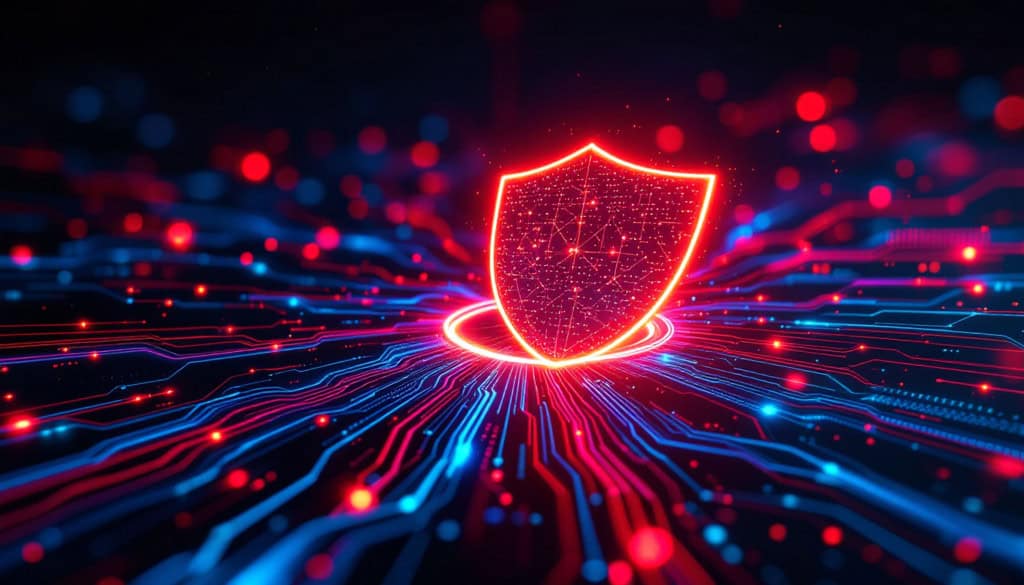 Representação digital de uma rede de computadores sendo protegida por um escudo de energia brilhante, com fluxos de dados rápidos e ícones de inteligência artificial agindo para neutralizar uma ameaça cibernética em um ambiente de alta velocidade e cores vibrantes