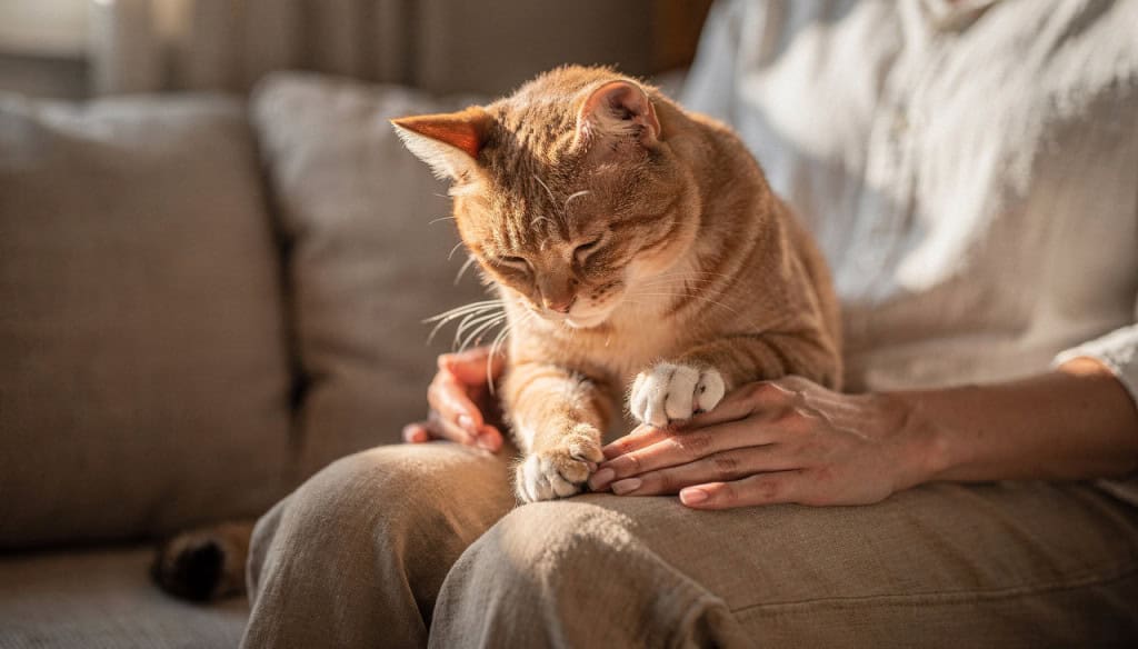 O motivo científico por trás do hábito fofo dos gatos de abrir e fechar as patinhas em você como se tivesse amassando pãozinho