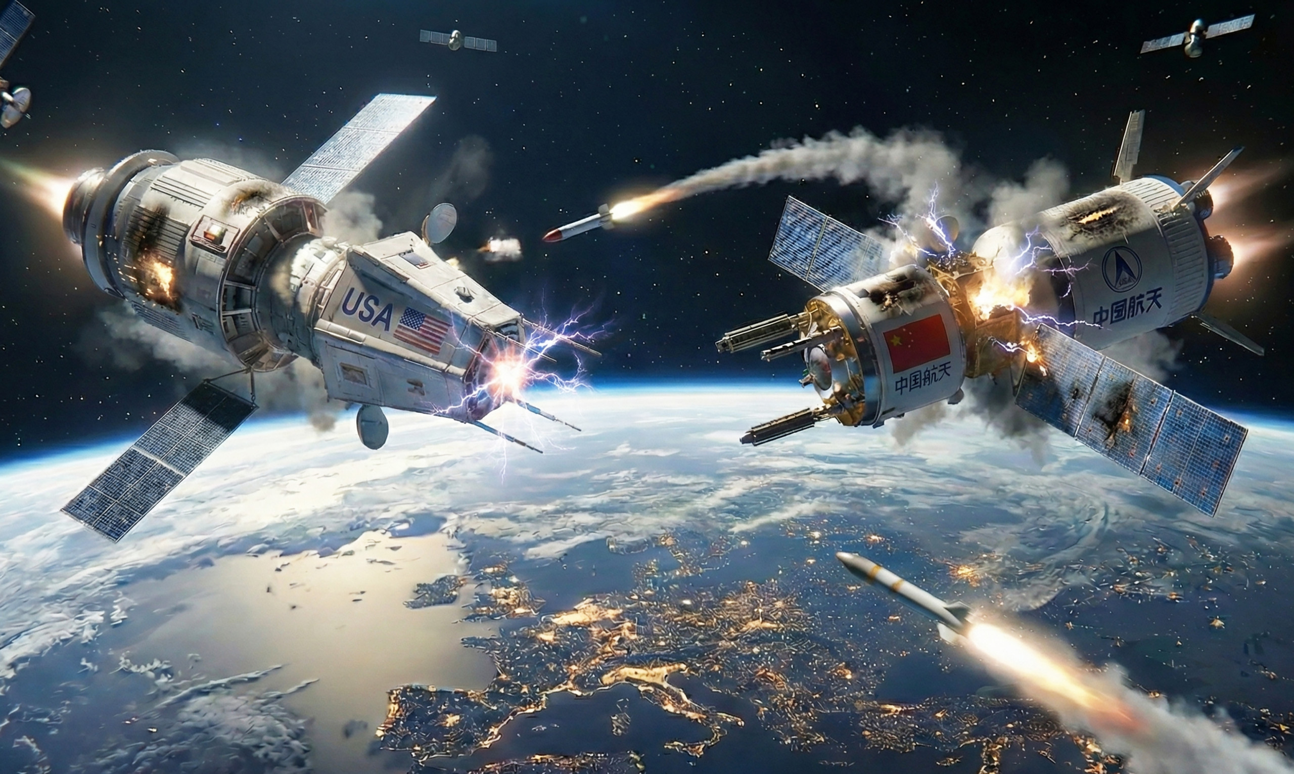 Satélites dos EUA e da China travam “combate aéreo” em órbita Uma série de manobras arriscadas entre satélites dos EUA e da China tem ocorrido na órbita da Terra, em especial na região geoestacionária, a cerca de 35 mil km de altitude. Satélites dos EUA e da China travam “combate aéreo” em órbita