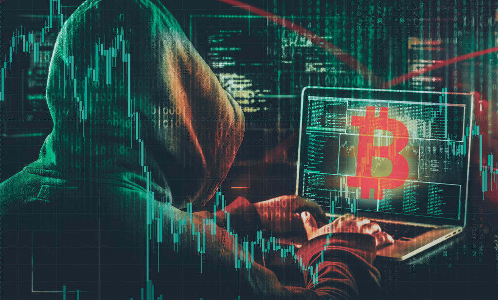 Ilustração de hacker mexendo com criptomoeda