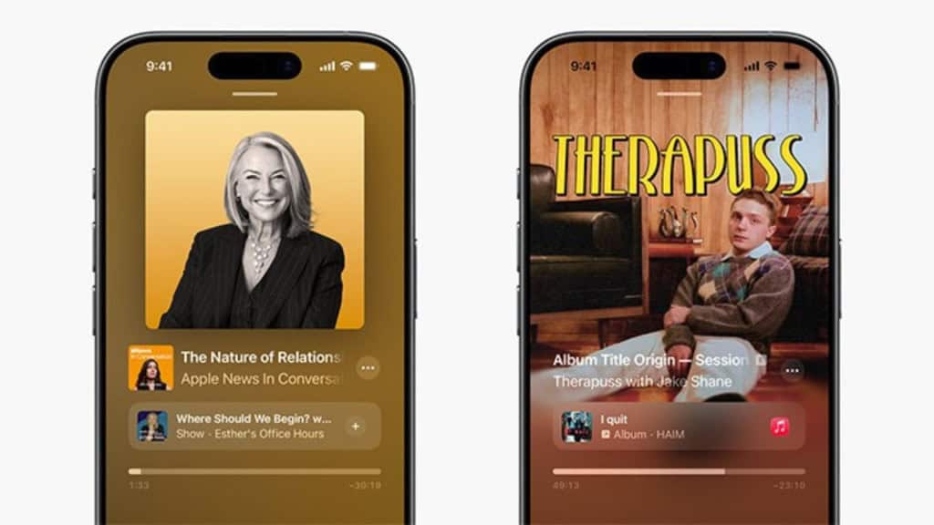 Montagem com capturas de tela em iOS 26.2 mostrando novos recursos do Podcasts