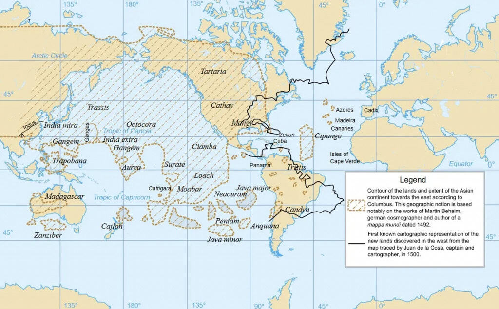 Comparação dos contornos costeiros nos mapas de Juan de la Cosa (linha preta) e Martin Behaim (linha pontilhada clara) com a linha costeira real.