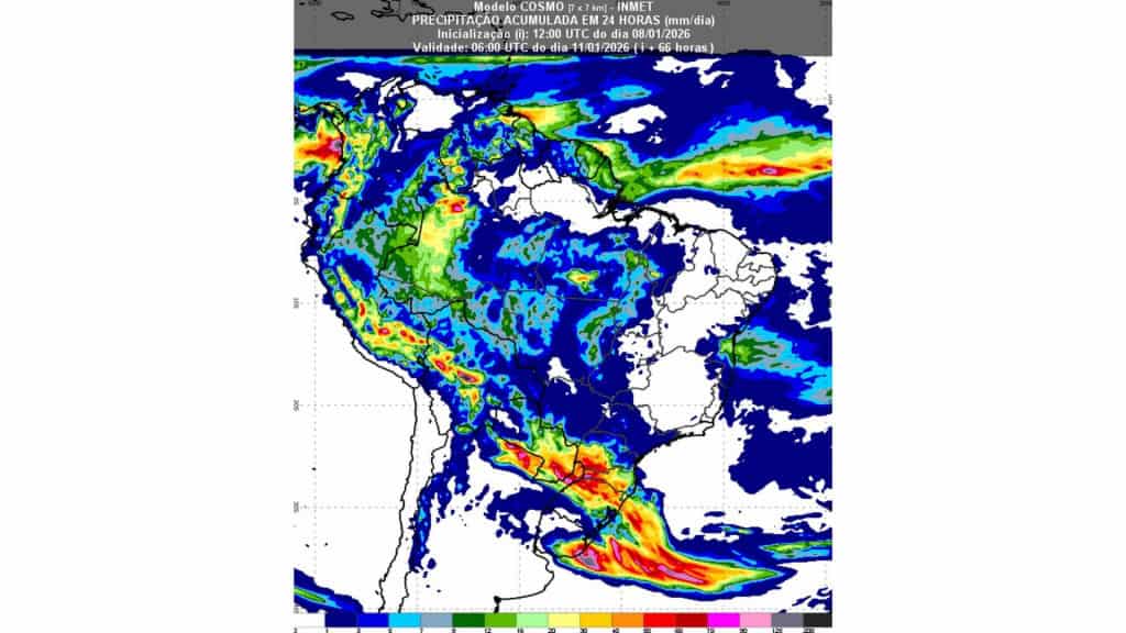Mapa do Brasil com previsão do tempo mostrando primeiro ciclone de 2026