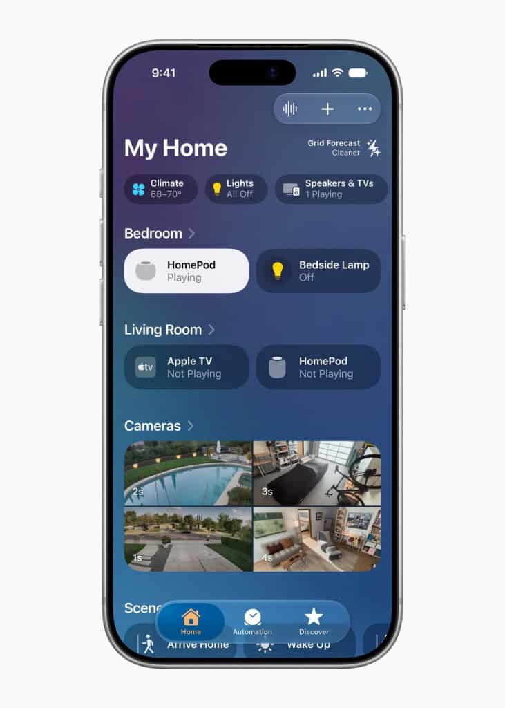 Tela do aplicativo Casa em um iPhone mostrando controles de iluminação, climatização, HomePod, Apple TV e câmeras.