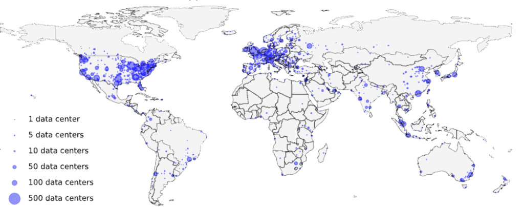 Mapa mundial com localização de data centers