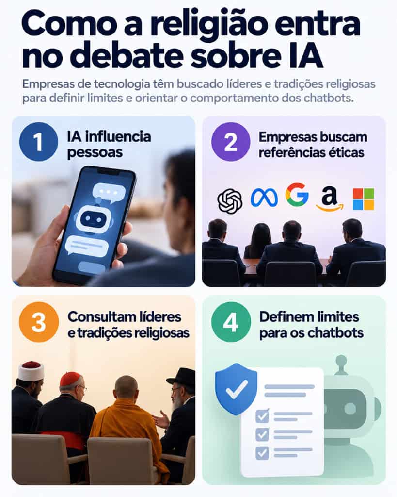 Empresas de tecnologia consultam líderes religiosos para discutir valores éticos, orientar o comportamento dos chatbots e estabelecer limites diante dos riscos associados à inteligência artificial.
