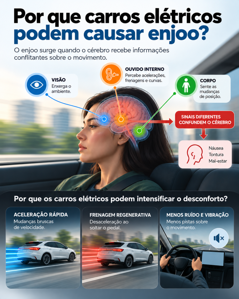 Aceleração rápida, frenagem regenerativa e diferenças na percepção do movimento podem intensificar o enjoo de passageiros em carros elétricos.