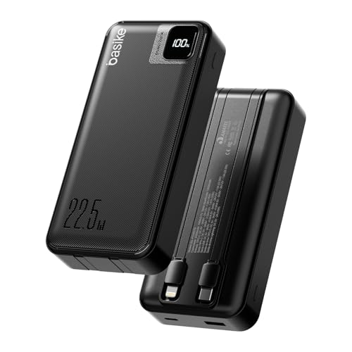 Basike Power Bank, Carregador Portátil Universal 20000mAh, USB-A(até 22.5W)+USB-C(até PD20W), com 2 Cabos Integrados (USB-C, Lightning) Carregamento Rápido, Led Indicador de Bateria (Preto)