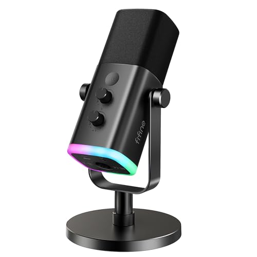 FIFINE Microfone dinâmico USB/XLR para gravação de podcast,microfone streaming para jogos de computador com RGB,botão de mudo,conector para fones de ouvido,suporte de mesa,para cantar no YouTube-AM8