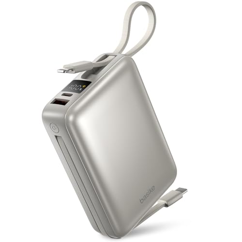 Basike Carregador Portátil, Power Bank 20000mAh com Cabos Integrados, Carregamento Rápido 22.5W(MAX), Compacto, Led Indicador de Bateria para iPhone/Samsung/Huawei/Xiaomi (Prata)