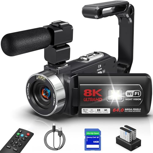 Câmera de vídeo digital 8K, 64MP,Transmissão WiFi, Zoom de 18X,Tela sensível ao toque de 3,0 polegadas, visão noturna infravermelha,64 GB, microfone externo, controle remoto, duas baterias