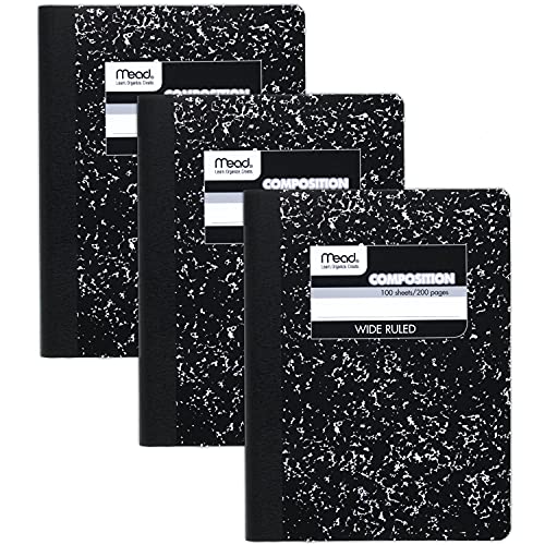 Caderno universitário 100 folhas Mead 38301, folha pautada, pacote com 3, mármore preto