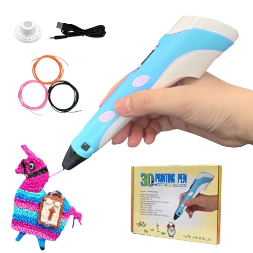 Caneta 3D com Display LED, Caneta 3D Para Crianças, Brinquedos, Presente Para Filho, Filha, Criança, Kit com Filamentos Coloridos, Brinquedo Menino, Adaptador AC, Base de Suporte (Tricolor Azul)