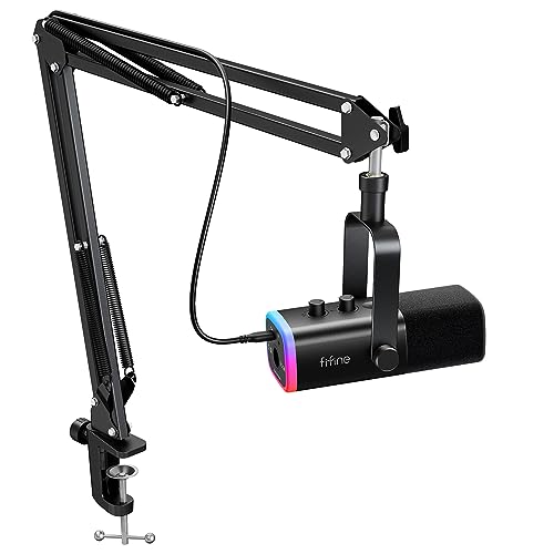 FIFINE conjunto de microfone para jogos XLR/USB, mic dinâmico para PC para podcasting, kit de microfone RGB para computador com suporte para braço de lança,para gravação de voz vocal-AM8T Preto