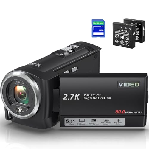 Filmadora 2.7K 50MP Full HD,Câmera de vídeo para Vlogging no YouTube, com Zoom Digital 16X, Função Webcam, Tela Giratória de 270°, Cartão SD de 32GB,2 Baterias,Gravação Contínua