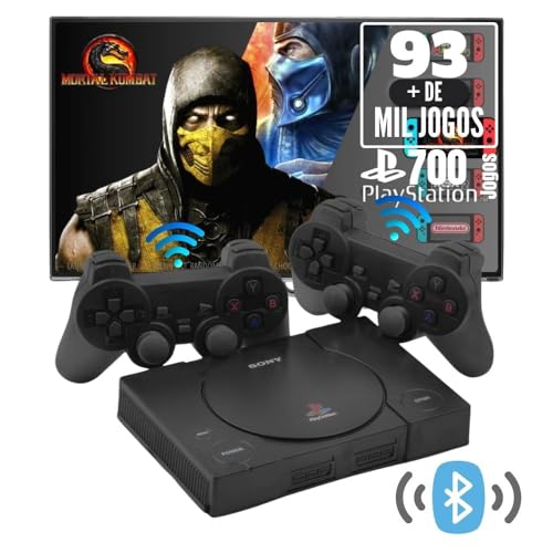 Game Retro Mini PS1 Black Console de Jogos 2 Controles 93 Mil Jogos Sistema Atualizado (Black, Controles sem fio)