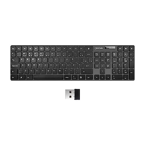Geonav Teclado sem fio, 108 teclas, Alfanúmerico, Padrão ABNT2, Teclas baixas e macias, Ergonômico com inclinação, Indicador de bateria, OFTCW01, Preto