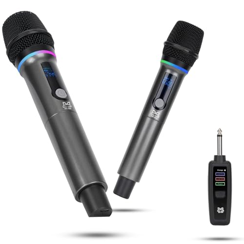 Microfone Sem Fio Profissional Duplo, Microfones Dinâmicos com Bluetooth, Iluminação RGB Dupla, Receptor UHF de Alta Frequência, Ideal para Karaokê em Casa e Uso Portátil Outdoor
