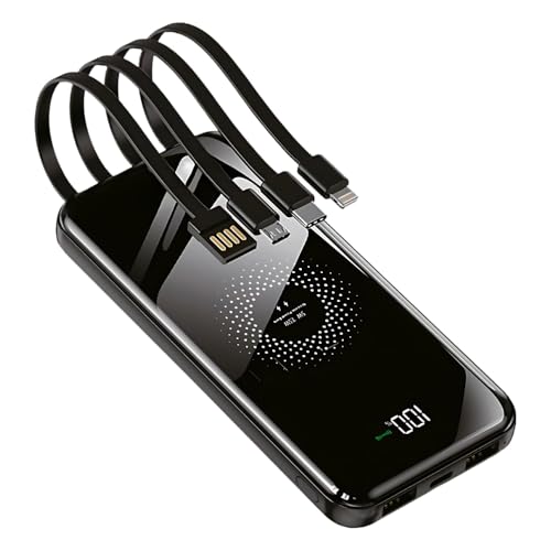 Power Bank 10000mAh com Carregamento por Indução, 4 Cabos Embutidos, USB-C, USB, V8, Lightning, Micro USB, iPhone, Android, Visor LED, Portátil, 6 Dispositivos, Carregador Portátil,