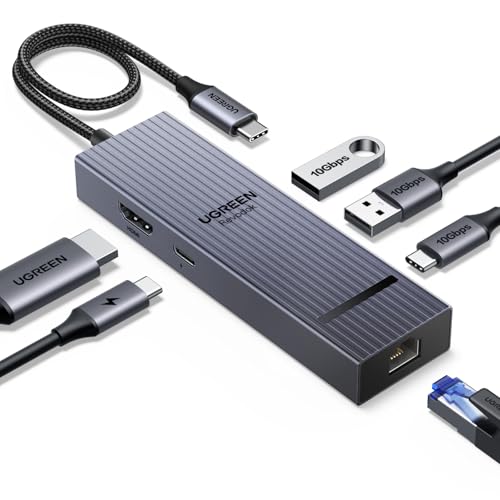 UGREEN Revodok Pro 6 em 1 USB C Hub, Adaptador Gigabit Ethernet com 4K 60Hz HDMI, 100 W PD, Portas de Dados USB A&C 3.2 de 10 Gbps Compatível com Mac M1/M2/M3, iPad, iPhone 16 Pro/Pro Max, Steam Deck