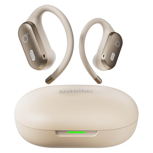 Basike Fone de Ouvido Bluetooth 5.4 Open-Ear, TWS Som Estéreo Hi-Fi, ANC e Modo Transparência, Suporta Chamadas de Voz, Toque Inteligente, IPX6, Compatível com Android e iOS – Bege Claro