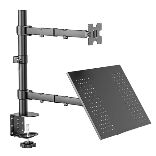 BAZIK Suporte Articulado para Monitor e Notebook – Braço Ajustável com Bandeja para Notebook até 17", Monitores de 13'' a 32'', Suporte para Monitor Duplo com Ergonômico com Organização de Cabos