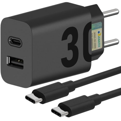 Carregador Super Turbo 30W Ultra Rápido Porta Dupla Tipo C e USB Com Carregamento Rápido + Cabo Tipo C Compatível Com Todos Os Dispositivos, Motorola, Samsung, IPhone 15/16, Xiaomi