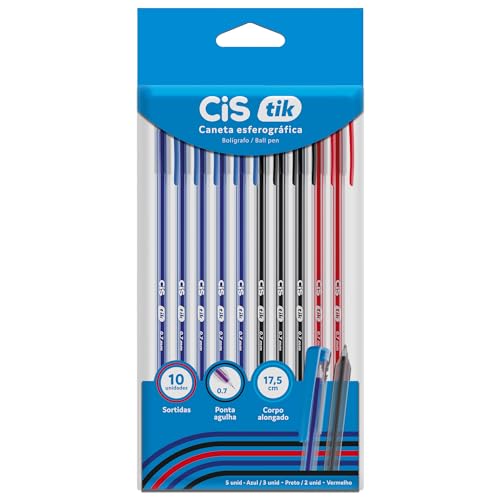 CIS, Caneta Esferografica 0,7 mm TIK Blister com 10 cores, 5AZ+3PT+2VM