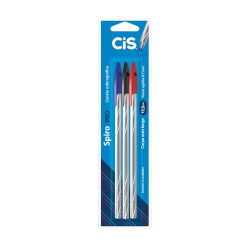 CIS Spiro Pro Caneta Esferográfica 0.7mm, Blister com 3 Unidades (Azul, Preta e Vermelha)