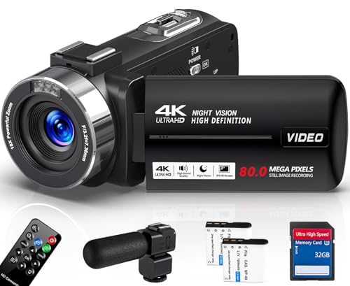 Filmadora 4K 80MP,Câmera de vídeo, Zoom Digital 18x, Visão Noturna, Tela Giratória 3 Polegadas, Controle Remoto 2.4G, Microfone Externo,Profissional para Vlog, Cartão 32GB, 2 Baterias