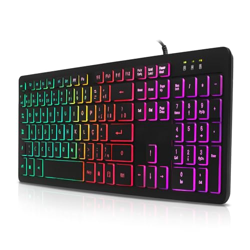 Teclado Gamer LED RGB USB ABNT2 com Fio, 107 Teclas, Anti-Ghosting, Padrão Brasileiro com Tecla ''Ç'' – Compatível com PC/Windows/Linux/Mac, com Iluminação Rainbow, Macio e Silencioso