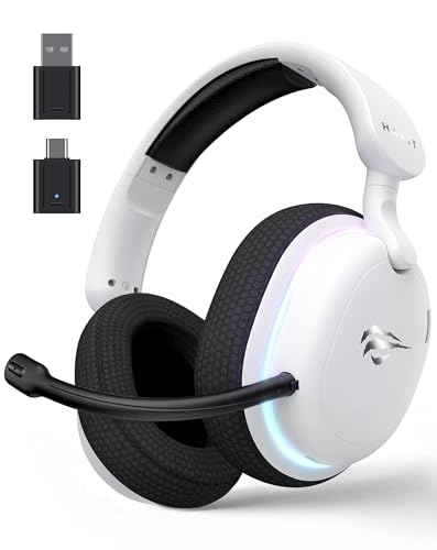 Havit Fone de Ouvido Gamer Five-Mode Fuxi-H7 White Black, Sem fio e Com Fio, Wireless 2,4GHz, Bluetooth, USB, Cabo 3,5mm, Falante de 40 mm, Microfone Destacável com Cancelamento de Ruído