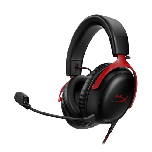 Headset Gamer HyperX Cloud III – Compatível com PC, PS5, Xbox Series X|S, Drivers Angulados de 53mm, Áudio DTS, Microfone de 10 mm, USB-C, USB-A, Fio de 3,5 mm, Vermelho e Preto (727A9AA)