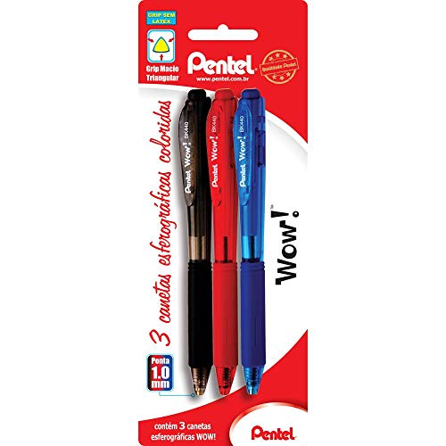 Kit com ‎3 Contagem (Pacote de 1) Canetas Esferográficas, Pentel, Preta/ Vermelha/ Azul Wow!