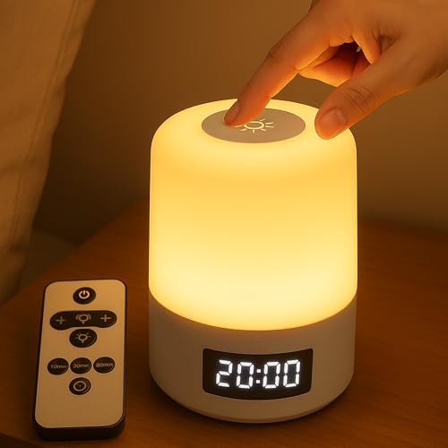 Luminária sem Fio de Mesa LED Recarregável com Relógio Digital e Controle Remoto, Abajur Touch Dimerizável Portátil, Luz Noturna Infantil para Quarto, Escritório, Berçário e Presente Criativo