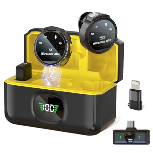 Microfone de Lapela Sem Fio Profissional com Base de Carregamento, Display LED, para iPhone/Android dispositivos com Lightning/USB-C，para vídeo, entrevista, vlog