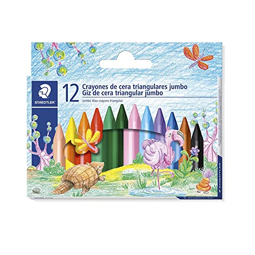 STAEDTLER Giz de Cera Triangular Jumbo 12 Cores - 2289 C12 PE - Traço Suave, Cores Vivas, Resistente e Não Mancha – Formato Ergonômico Ideal para Crianças