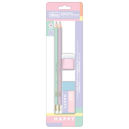 Tilibra - Conjunto Escrita Escolar Happy, Lapis, apontador e borracha - Blister com 4 unidades
